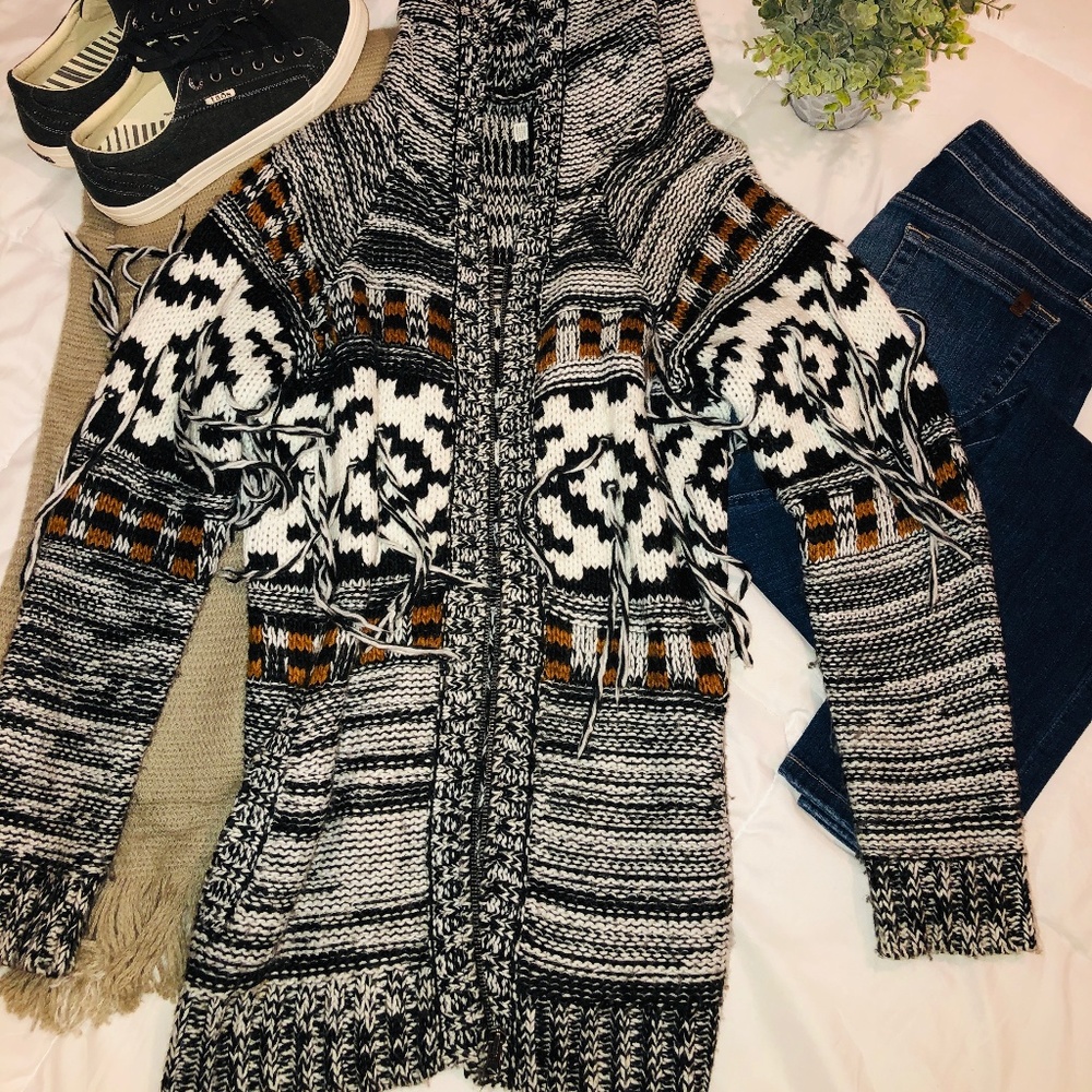 Volcom Boho Fringe Hooded Knit Cardigan/Jacket